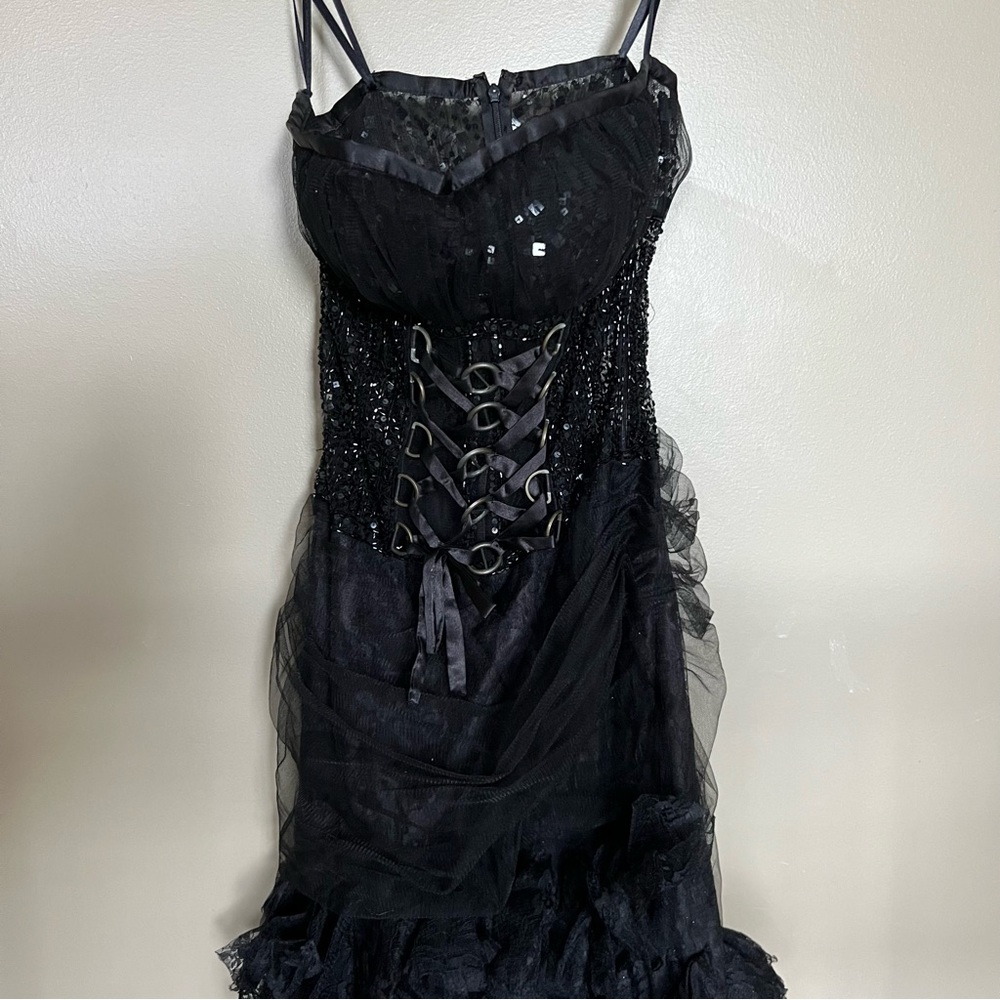 Marsoni black sheer corset lace tiered gown - prom homecoming, wedding dress